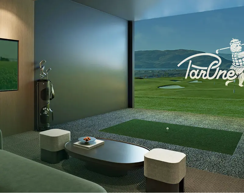 Private indoor golf simulator room with seating and virtual golf course display