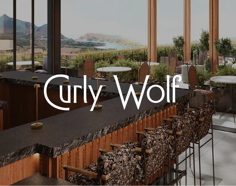 Interior rendering of Curly Wolf bar and dining area with mountain views