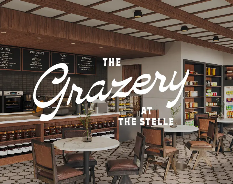 Interior rendering of The Grazery café and market space at The Stelle