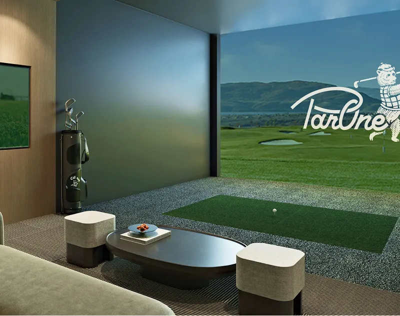 Indoor golf simulator lounge with virtual driving range at ParOne