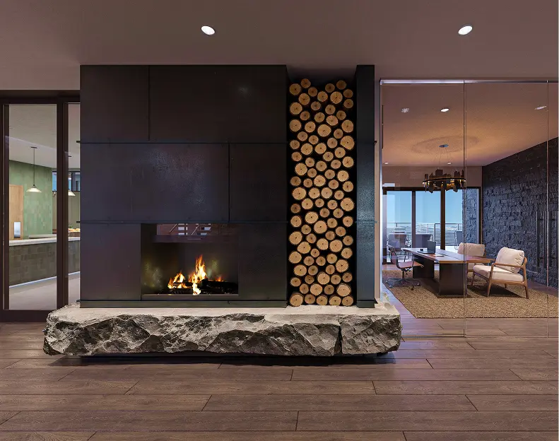 Modern clubhouse interior with fireplace, lounge seating, and mountain-style design