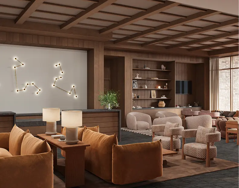 Modern clubhouse lounge with seating areas, wood interiors, and decorative lighting