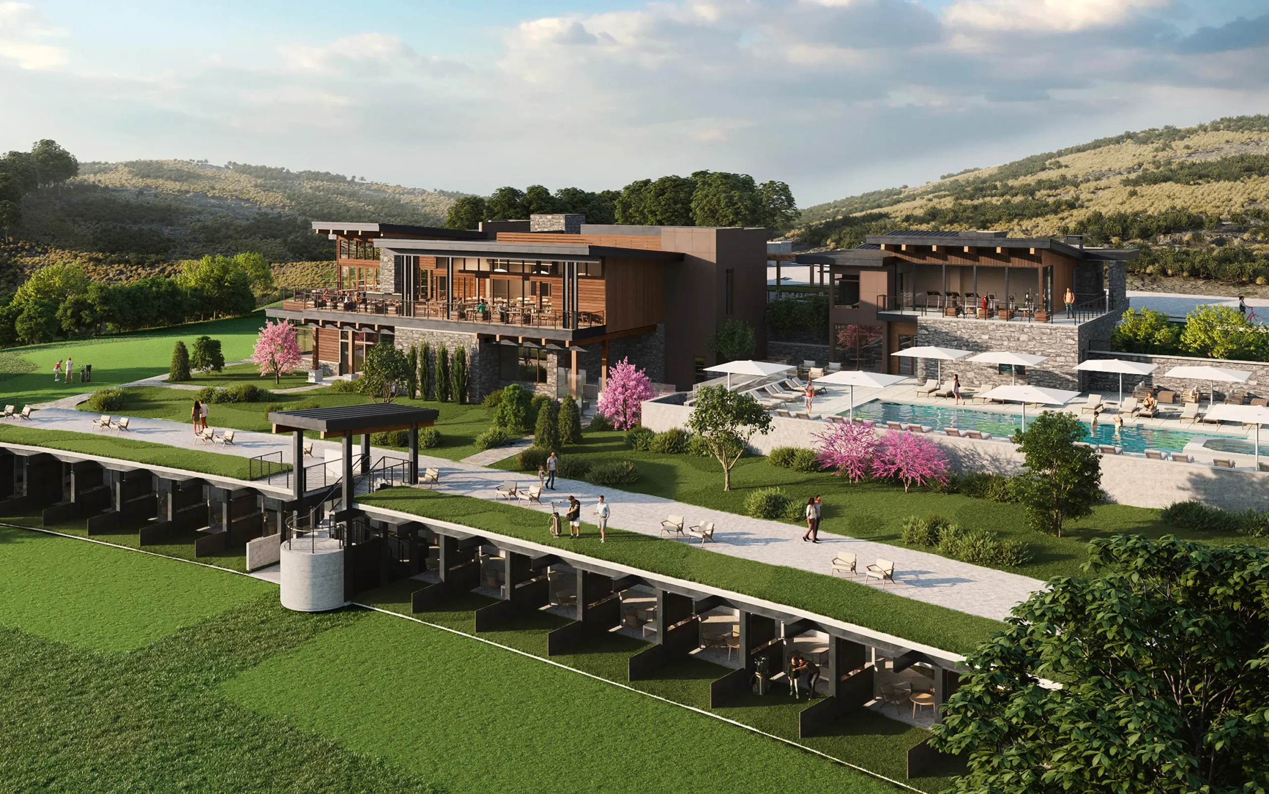Aerial rendering of the ParOne clubhouse, golf facilities, and outdoor gathering spaces