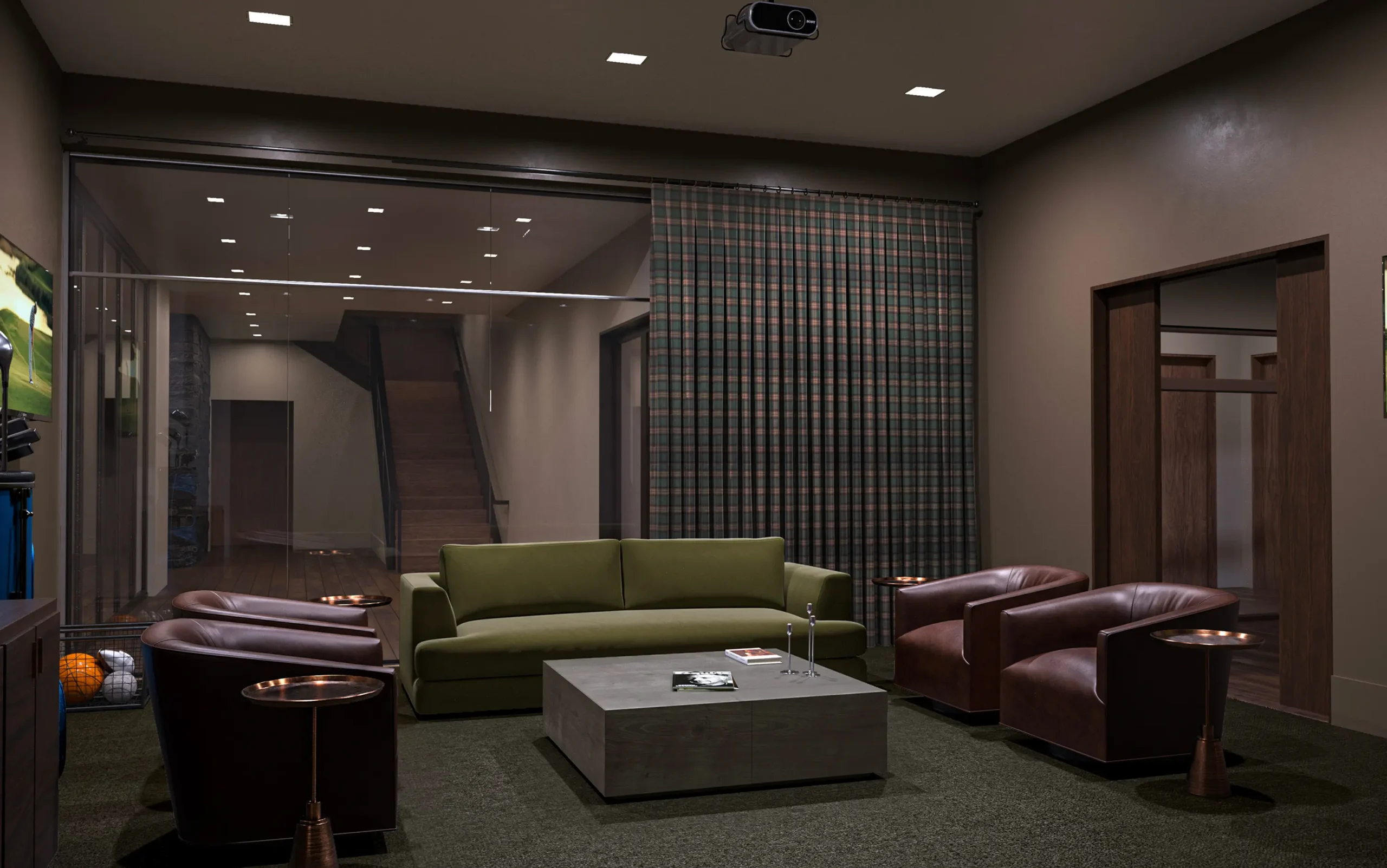Modern clubhouse lounge with couches, chairs, and seating area