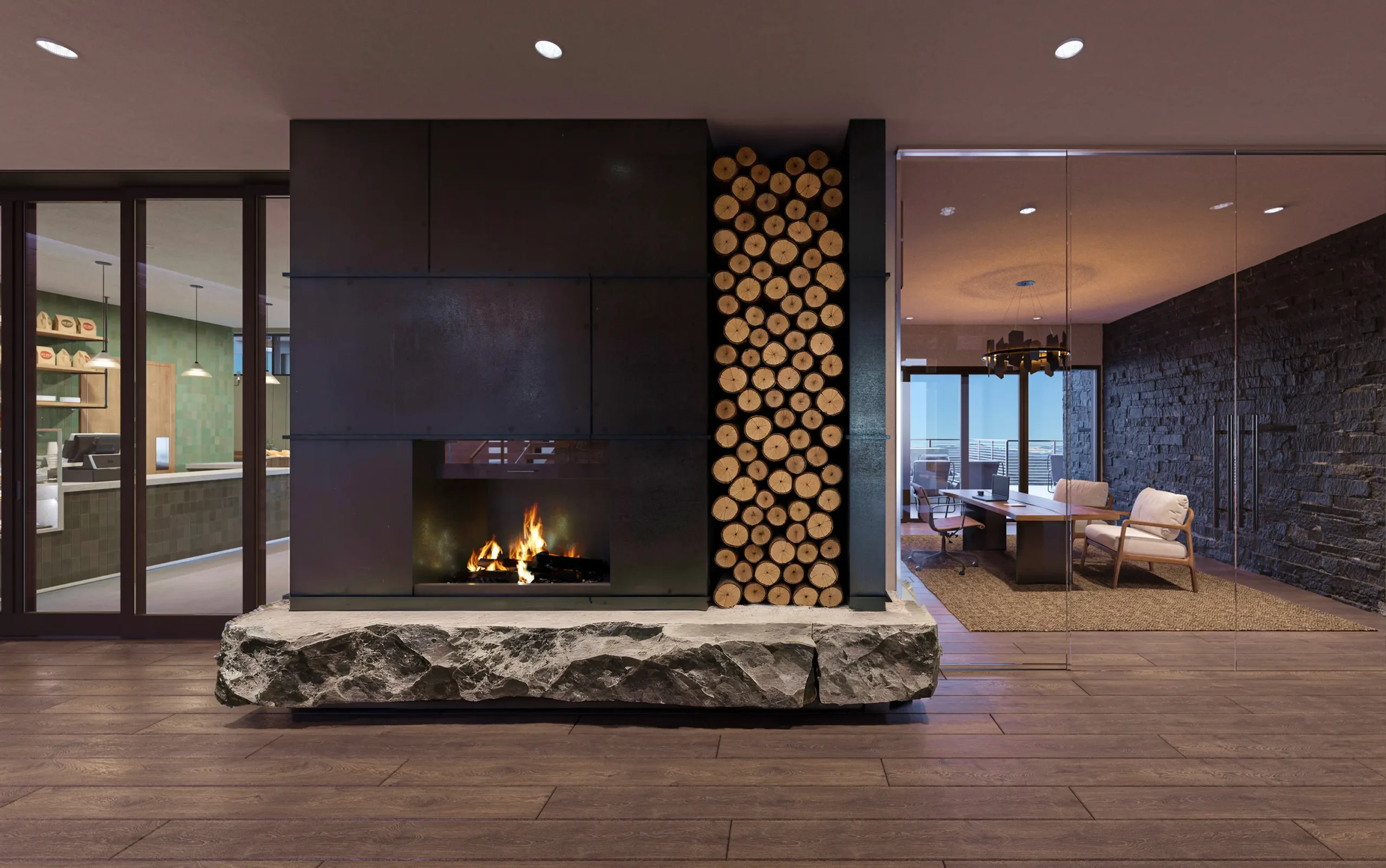 Clubhouse lounge interior with a modern fireplace and seating areas