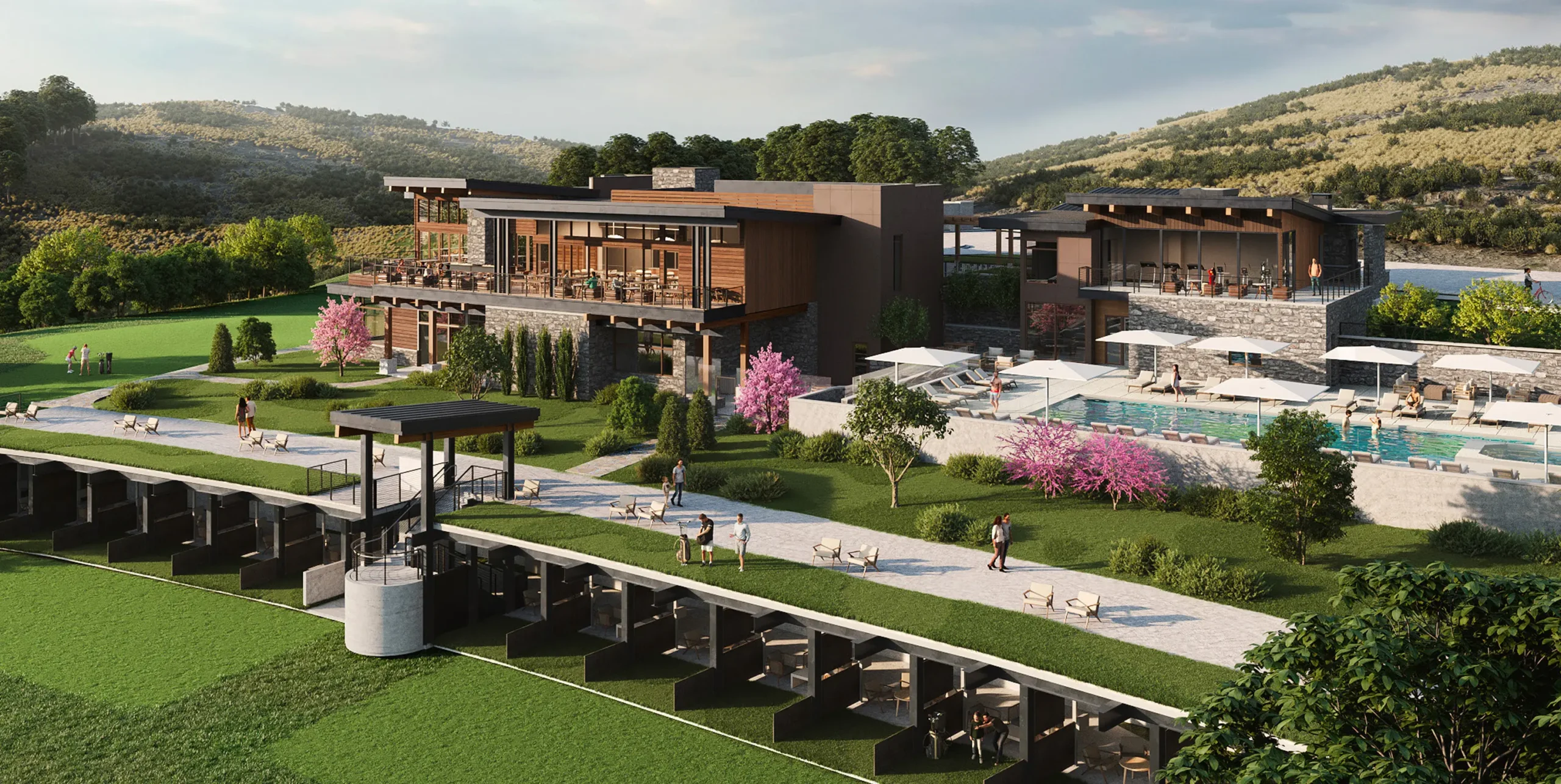 Aerial rendering of the ParOne clubhouse, golf facilities, and outdoor amenities at SkyRidge