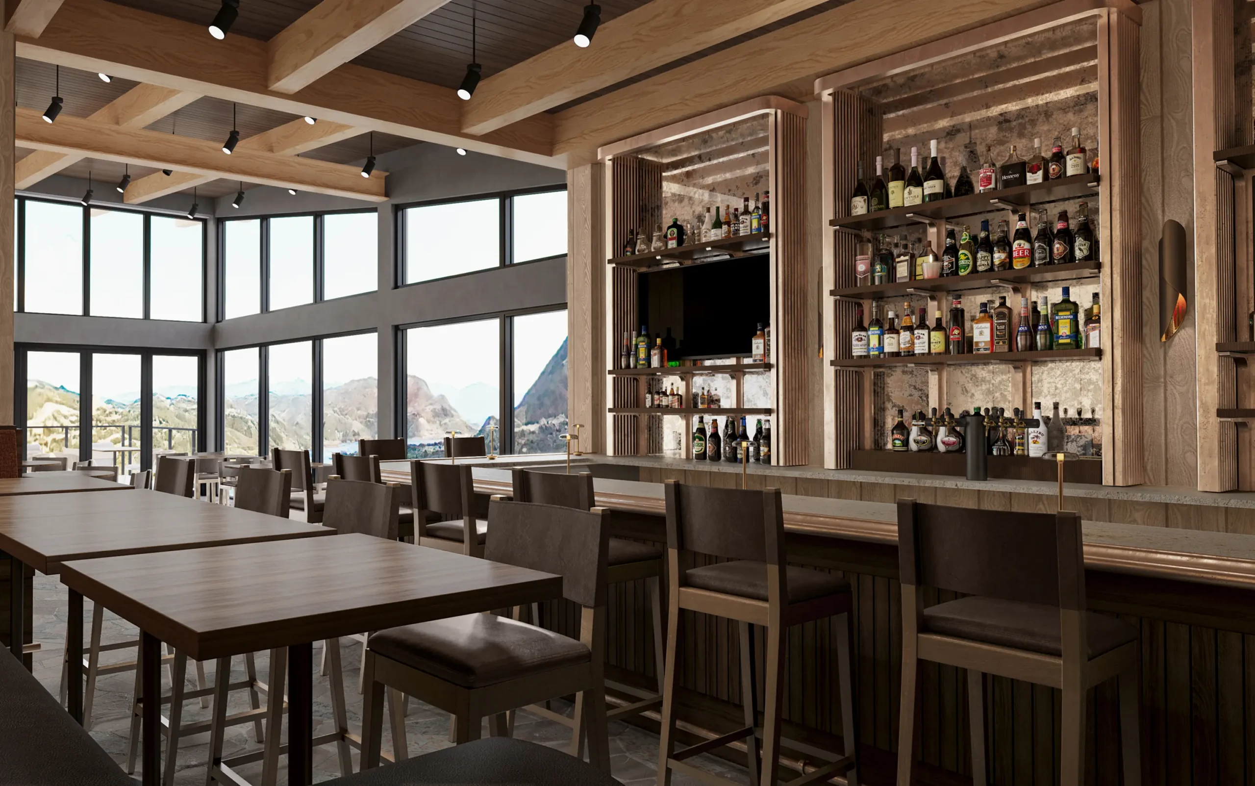 Modern clubhouse bar and dining area with high-top seating and mountain views