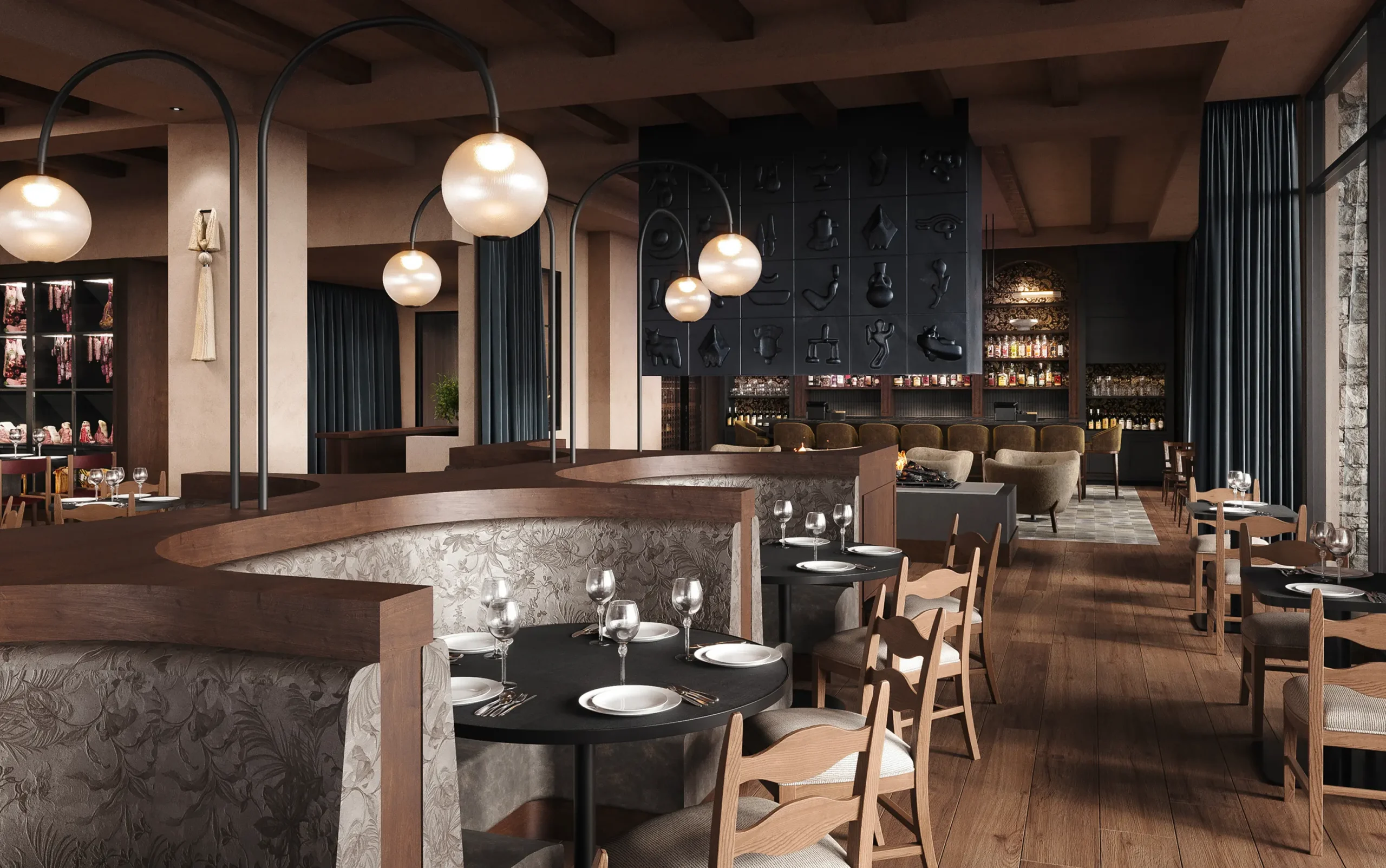Upscale restaurant dining room with booths, tables, and warm interior lighting