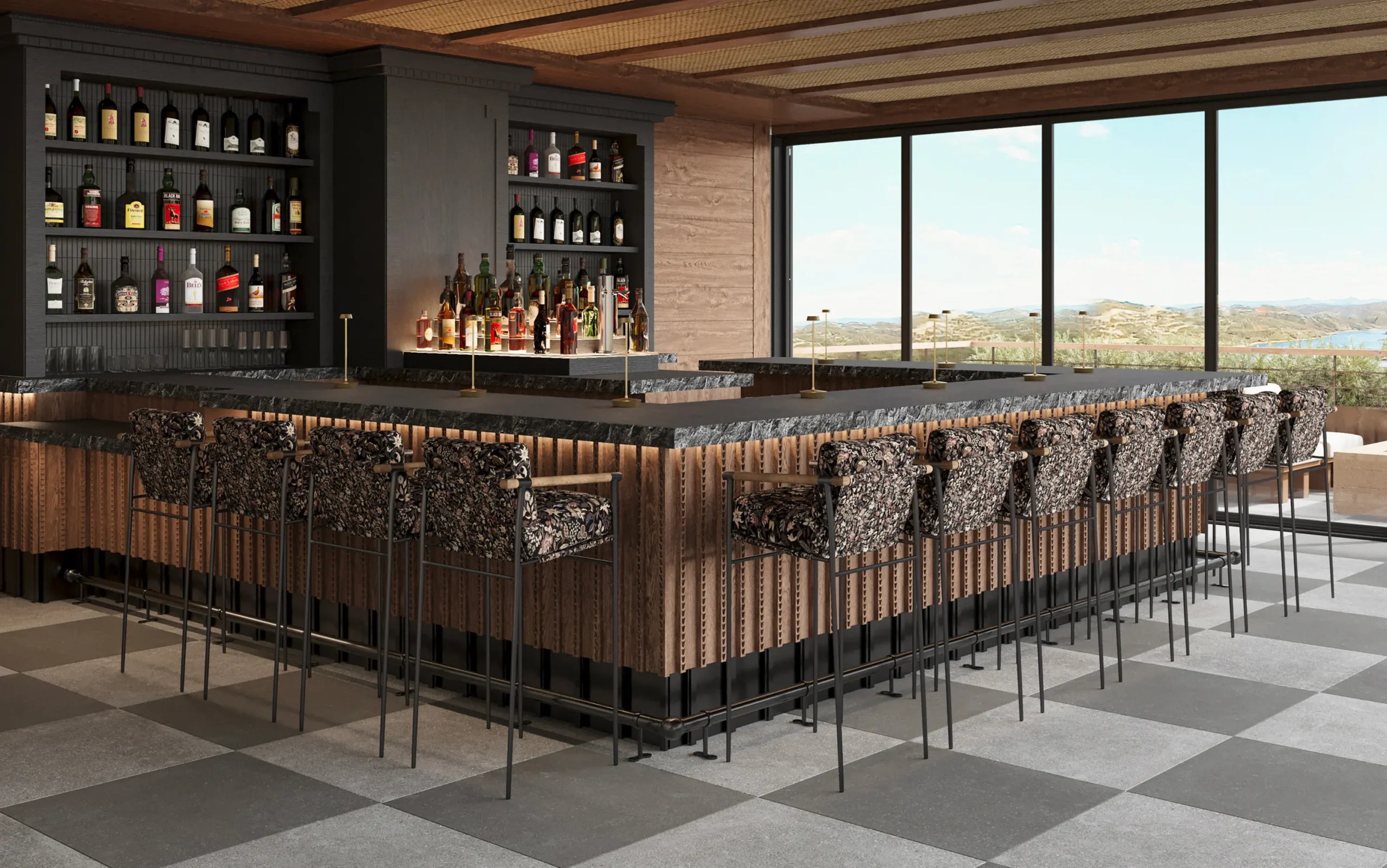 Modern bar seating area with large windows and mountain views
