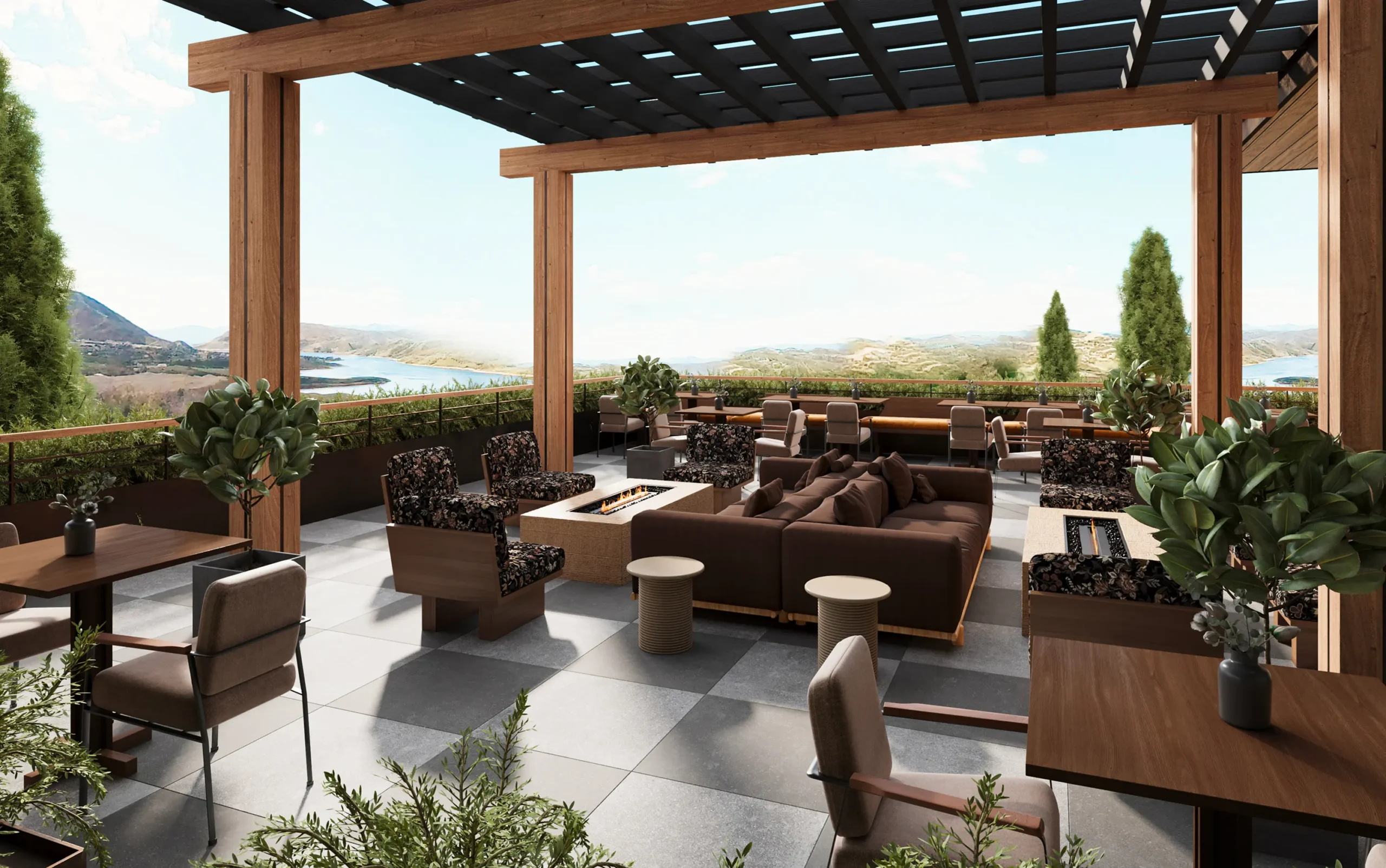 Outdoor lounge patio with seating, pergola, and mountain views