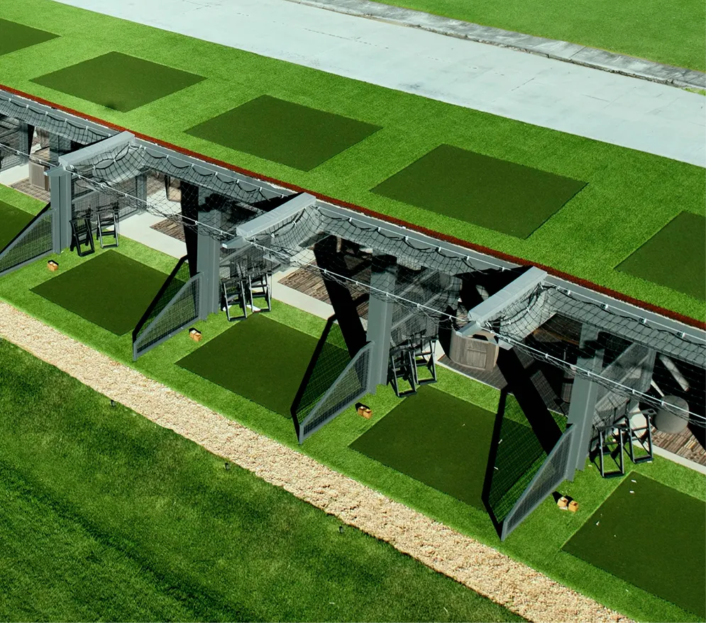 Aerial view of outdoor golf hitting bays and practice stations at ParOne