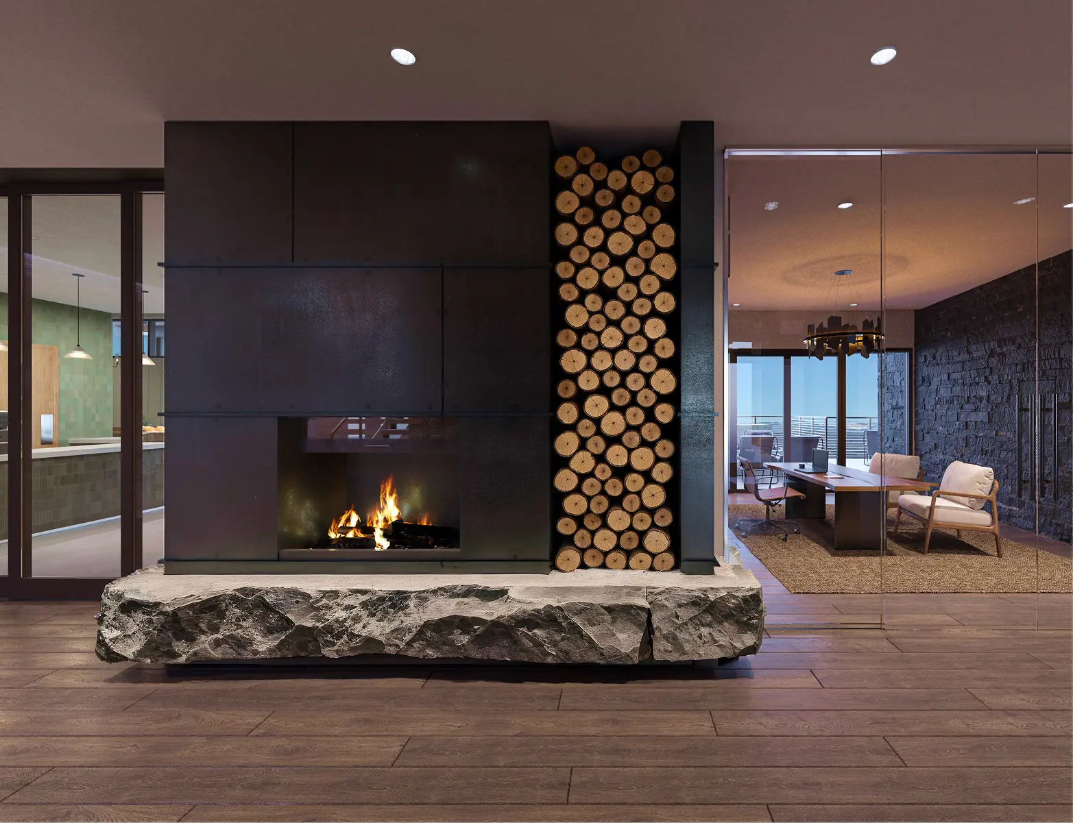 Modern clubhouse interior with a fireplace, wood accents, and lounge seating
