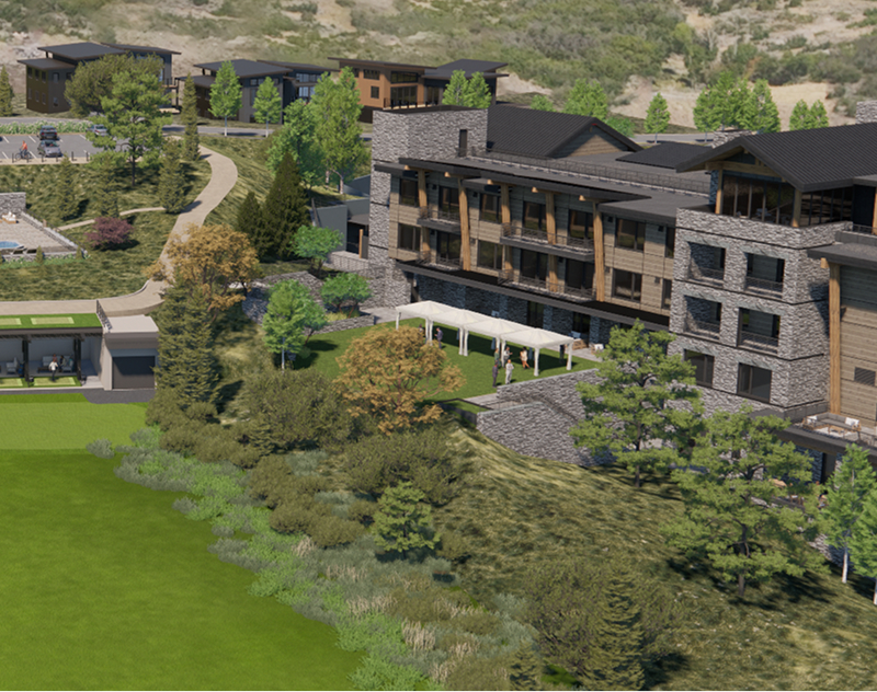 Rendering of a modern lodge and residential building overlooking the golf course