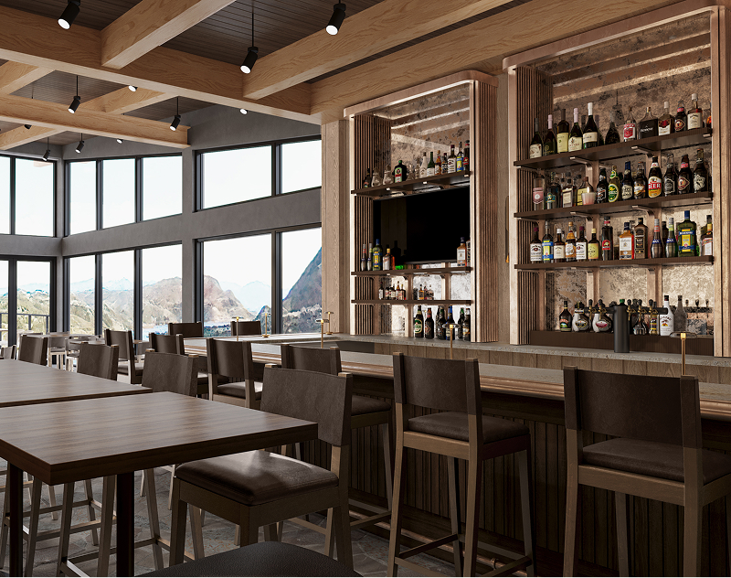 Modern bar and dining area with seating inside the clubhouse